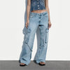 Mid Waist Loose Fit Cargo Jeans with Strap Accessories