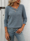 Casual V-Neck Buttoned Sunken Stripe T-Shirt