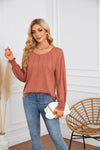 Round Neck Pleated Long Sleeve Casual Top T-Shirt