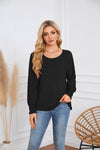 Round Neck Pleated Long Sleeve Casual Top T-Shirt