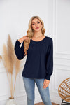 Round Neck Pleated Long Sleeve Casual Top T-Shirt