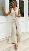 Solid Color Drawstring Wide-Leg Two-Piece Set