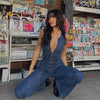 Retro High Waist Backless Slim Fit Denim Jumpsuit