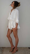 Polo Collar Mid Sleeve Waist Lace up Loose Romper