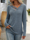 Casual V-Neck Buttoned Sunken Stripe T-Shirt