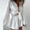 Casual Solid Color Ruffled Shorts Long Sleeve Set