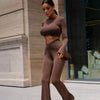 Solid Color Ruffles Long Sleeve Pleated Slim Trousers Sets