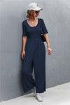 Short Sleeve U Collar Loose Wide Leg Jumpsuit