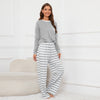 Women’s Round Neck Long Sleeve Top & Striped Printed Lace-Up Trousers Homewear Pajamas Set