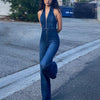 Slim Fit Zipper Sleeveless V-neck High Waist Retro Denim Jumpsuit