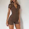 Solid Color Polo Collar Ribbed Romper