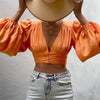 Solid Color Deep V Plunge Long Sleeve Cropped Top