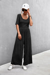 Short Sleeve U Collar Loose Wide Leg Jumpsuit