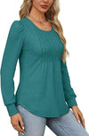 Puff Sleeve Waist Pleated Round Neck Long Sleeve T-Shirt Top