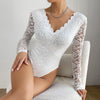 Solid Color Lace Long Sleeve See-Through Slim Fit Jumpsuit