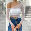 Solid Color Off-Shoulder Mesh See-Through Cropped Top