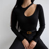 Long Sleeve Ribbed Hollow Out Cutout Bodysuit for Women