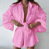 Casual Solid Color Ruffled Shorts Long Sleeve Set