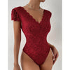 Solid Color Lace See-Through Deep V Plunge Neck Backless Jumpsuit