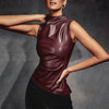 Leather Cascading Collar Waist-Tight Oblique Sleeveless Top