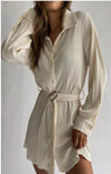 Pleated Long Sleeve Belted Shirt Dress