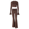 Solid Color Ruffles Long Sleeve Pleated Slim Trousers Sets