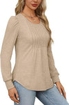 Puff Sleeve Waist Pleated Round Neck Long Sleeve T-Shirt Top