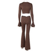 Solid Color Ruffles Long Sleeve Pleated Slim Trousers Sets