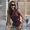 Leather Cascading Collar Waist-Tight Oblique Sleeveless Top