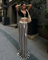 Striped V-Neck Cutout Knit Skirt Set