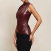 Leather Cascading Collar Waist-Tight Oblique Sleeveless Top