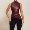 Leather Cascading Collar Waist-Tight Oblique Sleeveless Top