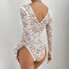 Solid Color Lace Long Sleeve See-Through Slim Fit Jumpsuit