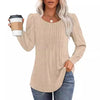 Puff Sleeve Waist Pleated Round Neck Long Sleeve T-Shirt Top