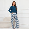 Women’s Round Neck Long Sleeve Top & Striped Printed Lace-Up Trousers Homewear Pajamas Set