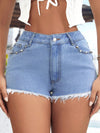 High Waist Loose Slimming Frayed Beaded Jeans Shorts