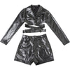 Collared V-Neck Faux Leather Two-Piece Set