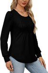 Puff Sleeve Waist Pleated Round Neck Long Sleeve T-Shirt Top