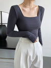 Slim Fit Off-Shoulder Square Neck Long Sleeve Top