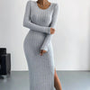 Long Sleeve Crew Neck Split Knitted Maxi Dress