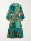 Vintage Print Collared Lantern Sleeve Dress