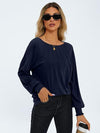 Round Neck Pleated Long Sleeve Casual Top T-Shirt