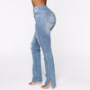 High Waist Blue Washed Split Ripped Jeans