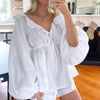 Cotton Linen White Lantern Sleeve V-neck Top Shorts Set