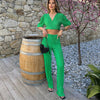 Casual Summer V-Neck Pleated Two-Piece Pants Set