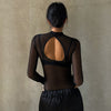 Elegant Striped Mesh Long Sleeve Backless Bodysuit