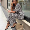 Casual Printed Leopard Cardigan Trousers Two-Piece Suit