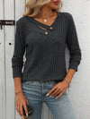 Casual V-Neck Buttoned Sunken Stripe T-Shirt