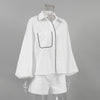 Casual Cotton Linen Long Sleeve Black White Contrast Shirt and Shorts Se