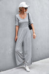 Short Sleeve U Collar Loose Wide Leg Jumpsuit